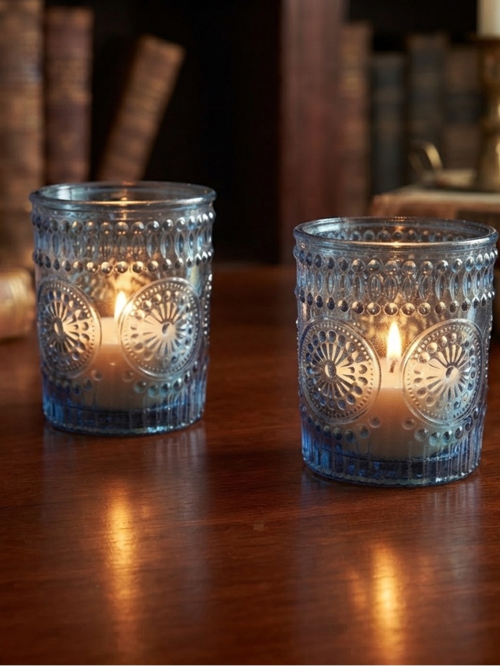 Blue Embossed Glass candle holders or small drinking glasses set of 2